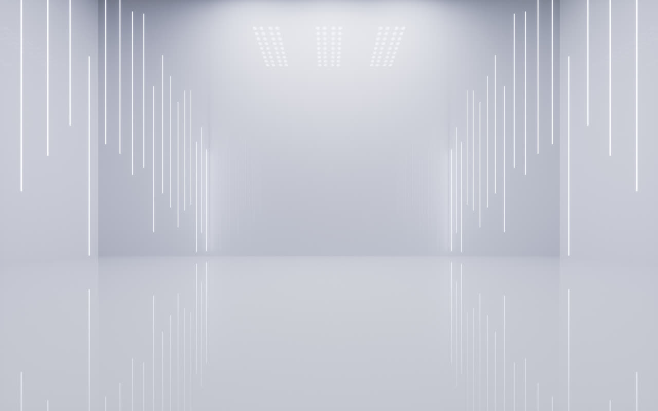 白色空房间与发光线条3D渲染