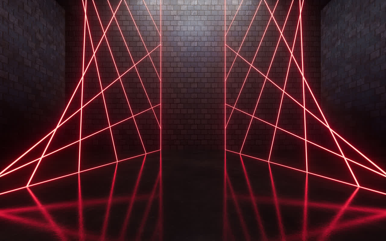 砖砌空房间与霓虹线条3D渲染