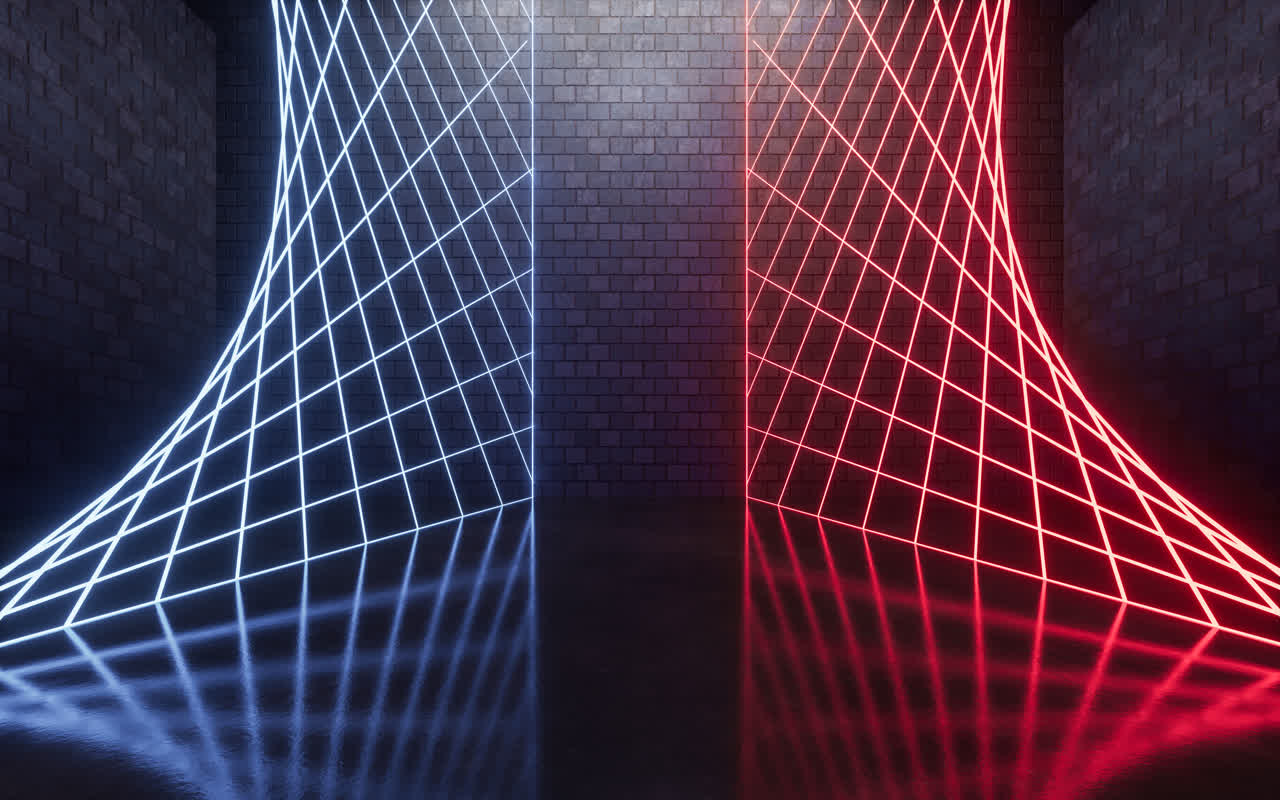 砖砌空房间与霓虹线条3D渲染