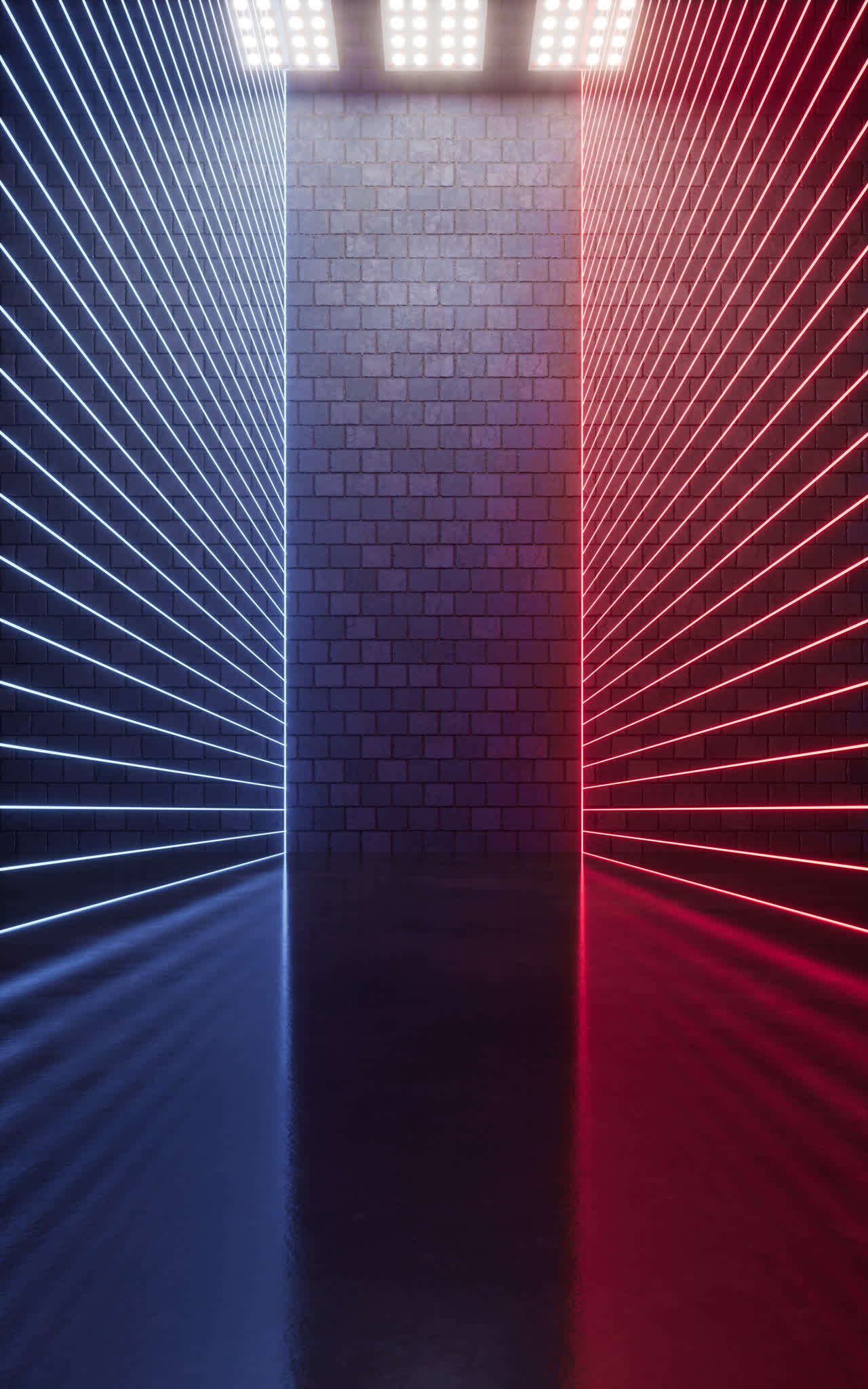 砖砌空房间与霓虹线条3D渲染