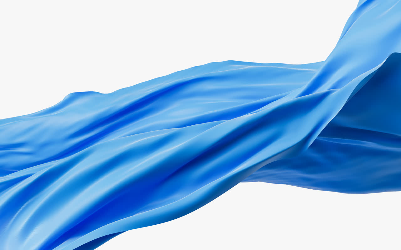 流动的布料3D渲染蓝色绸缎白底图