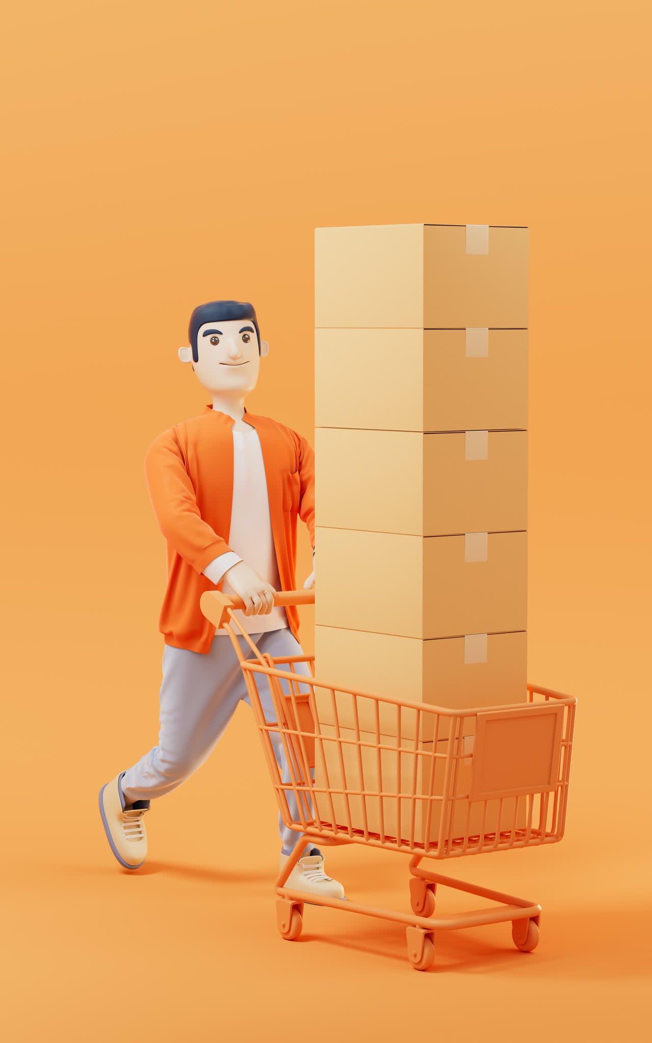 推着购物车的卡通男性3D渲染