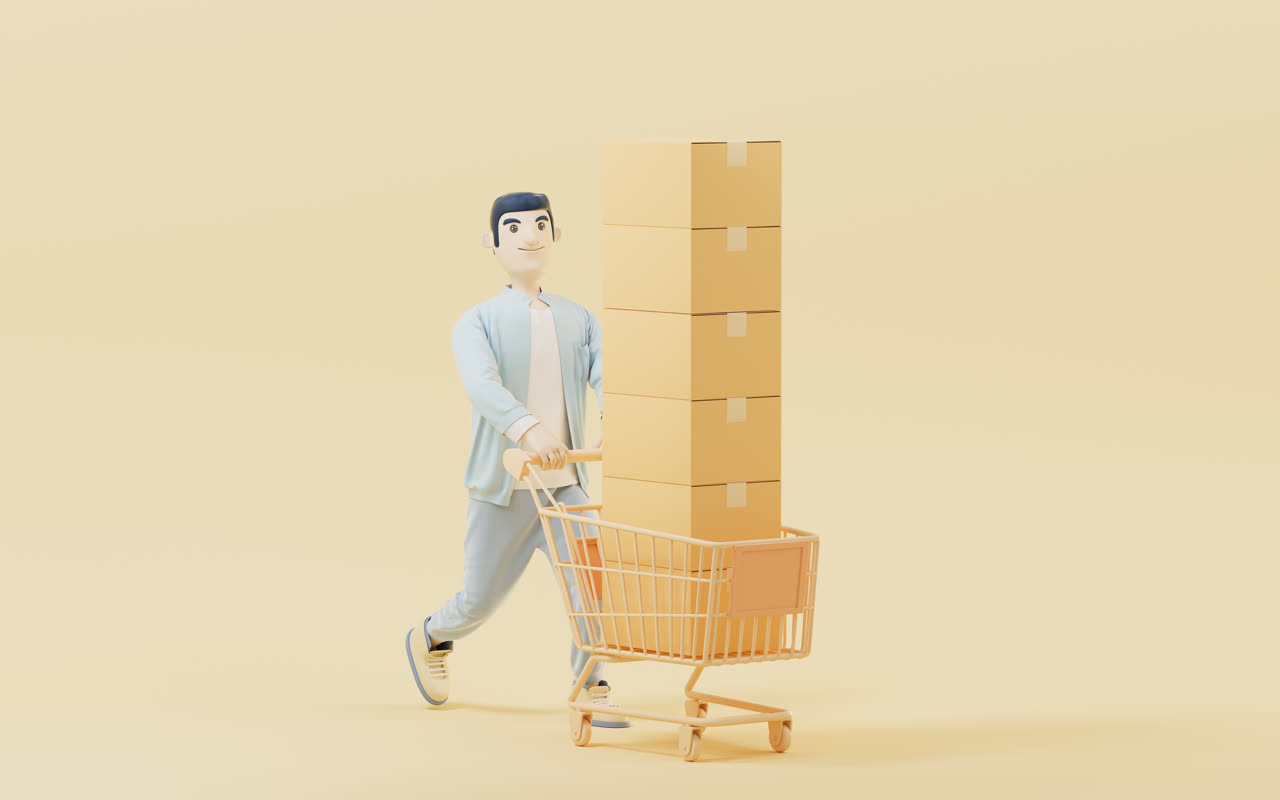 推着购物车的卡通男性3D渲染