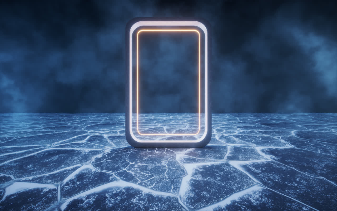 夜晚的冰封湖面上的方框几何体3D渲染