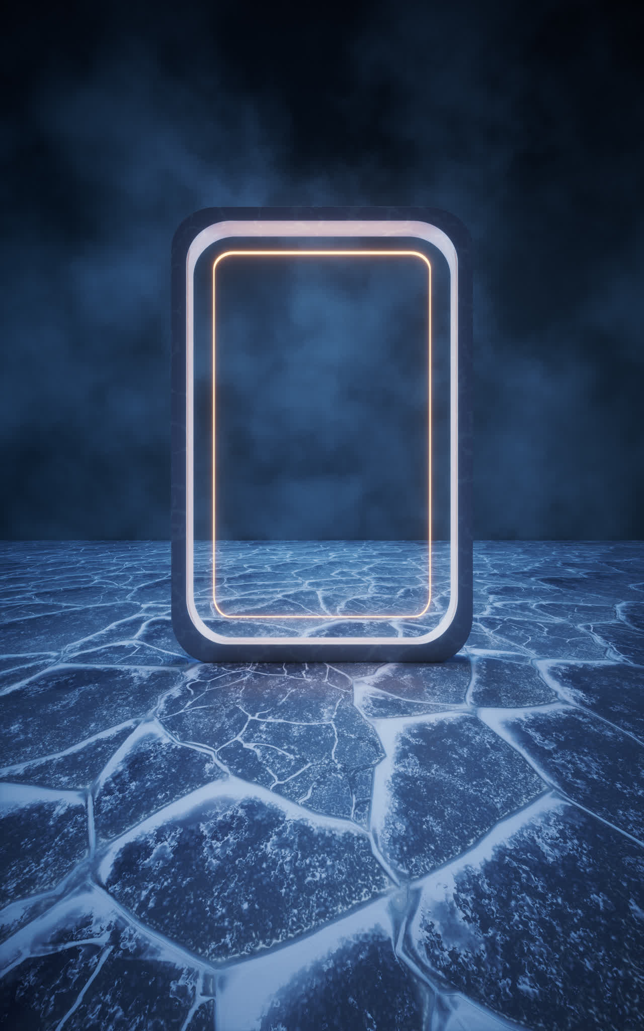 夜晚的冰封湖面上的方框几何体3D渲染