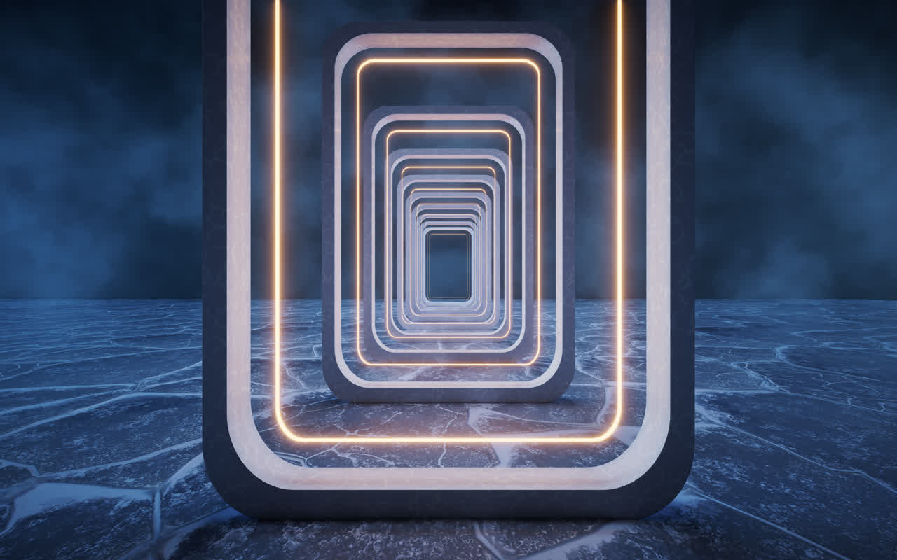 夜晚的冰封湖面上的隧道3D渲染