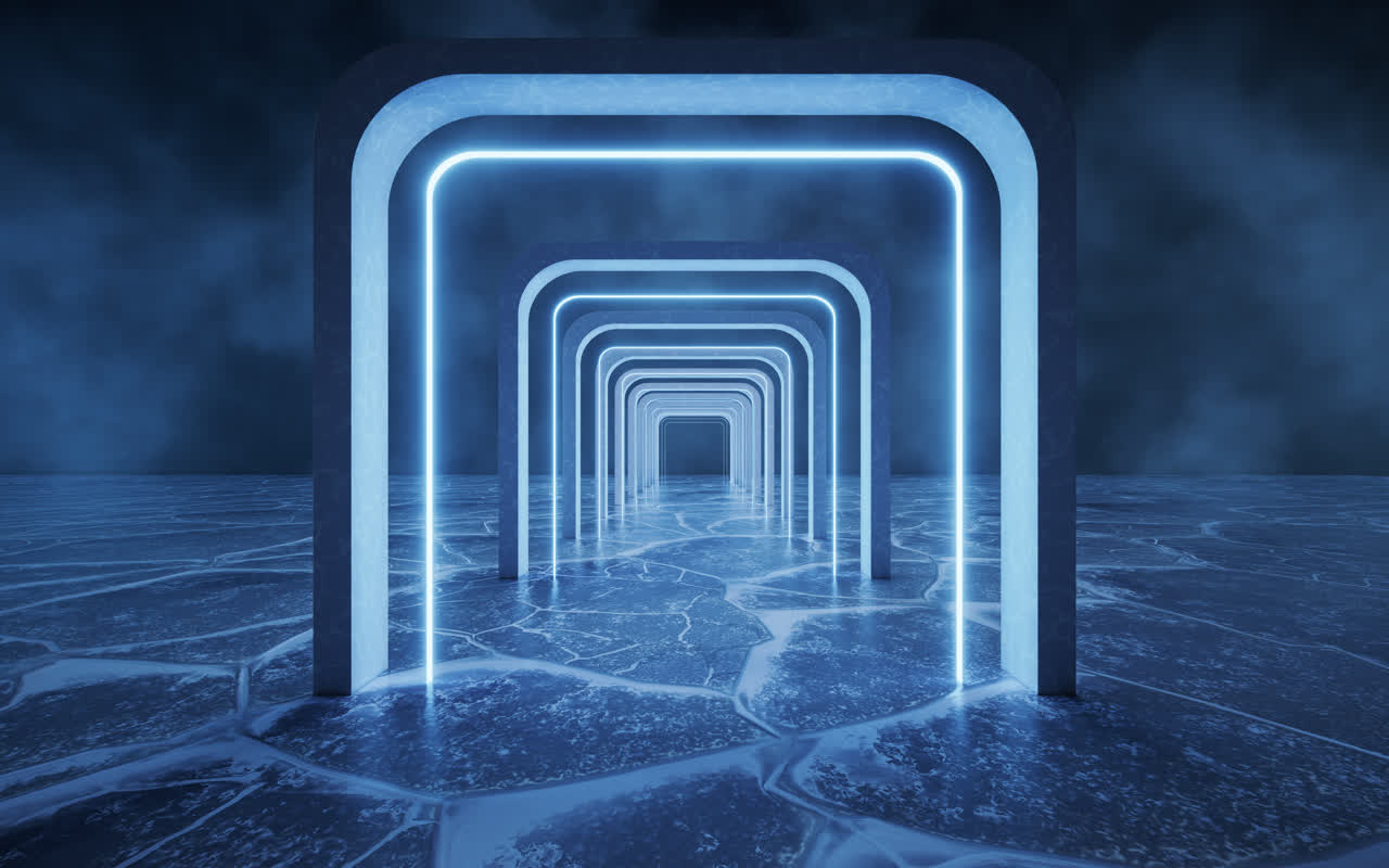 夜晚的冰封湖面上的隧道3D渲染