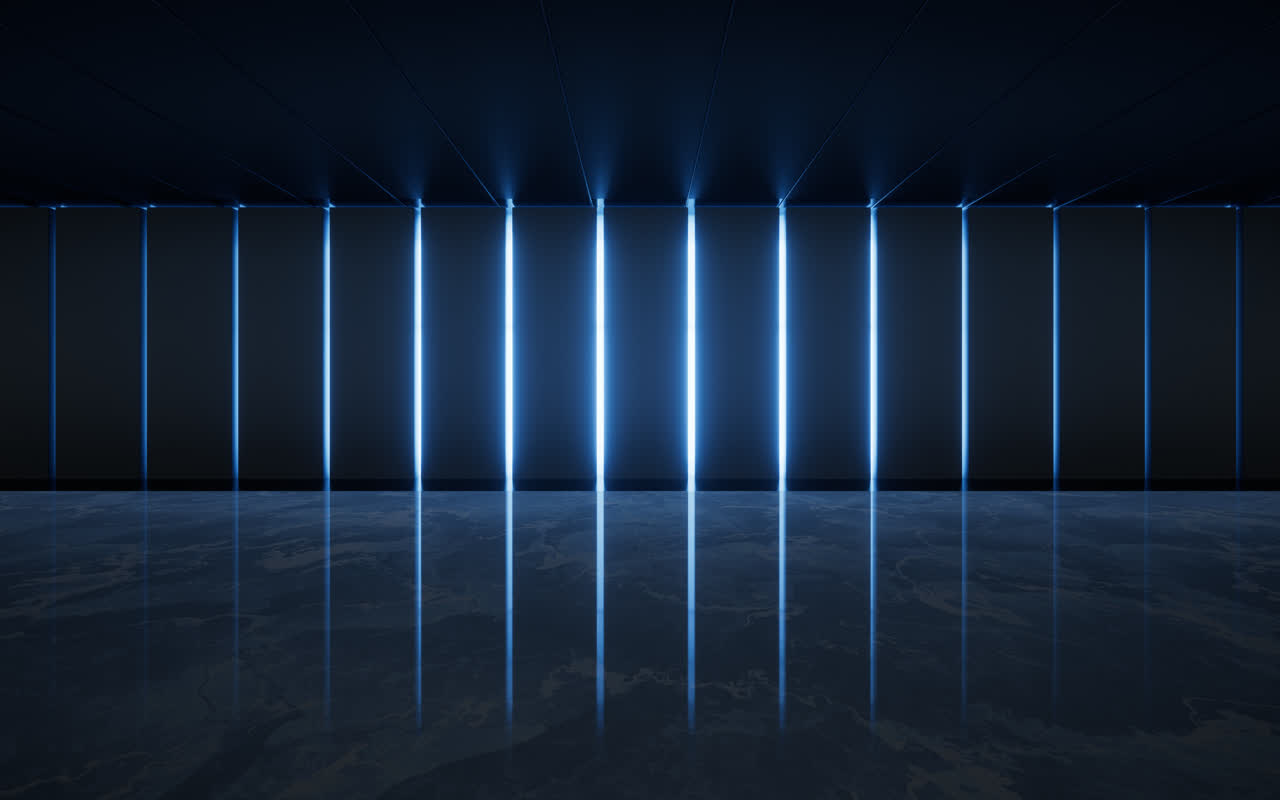 黑暗室内空间与霓虹灯光3D渲染