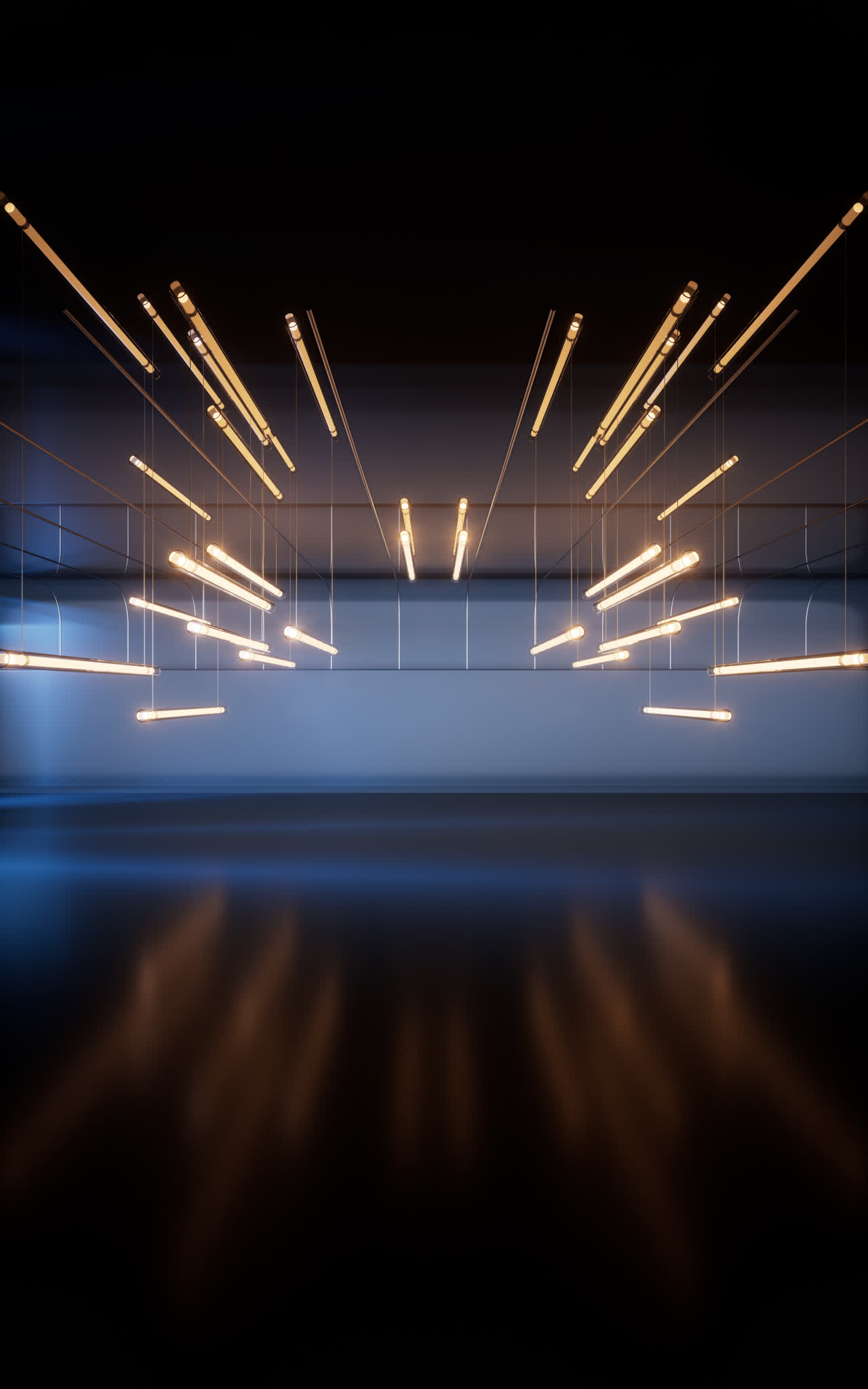 黑暗室内空间与霓虹灯管3D渲染