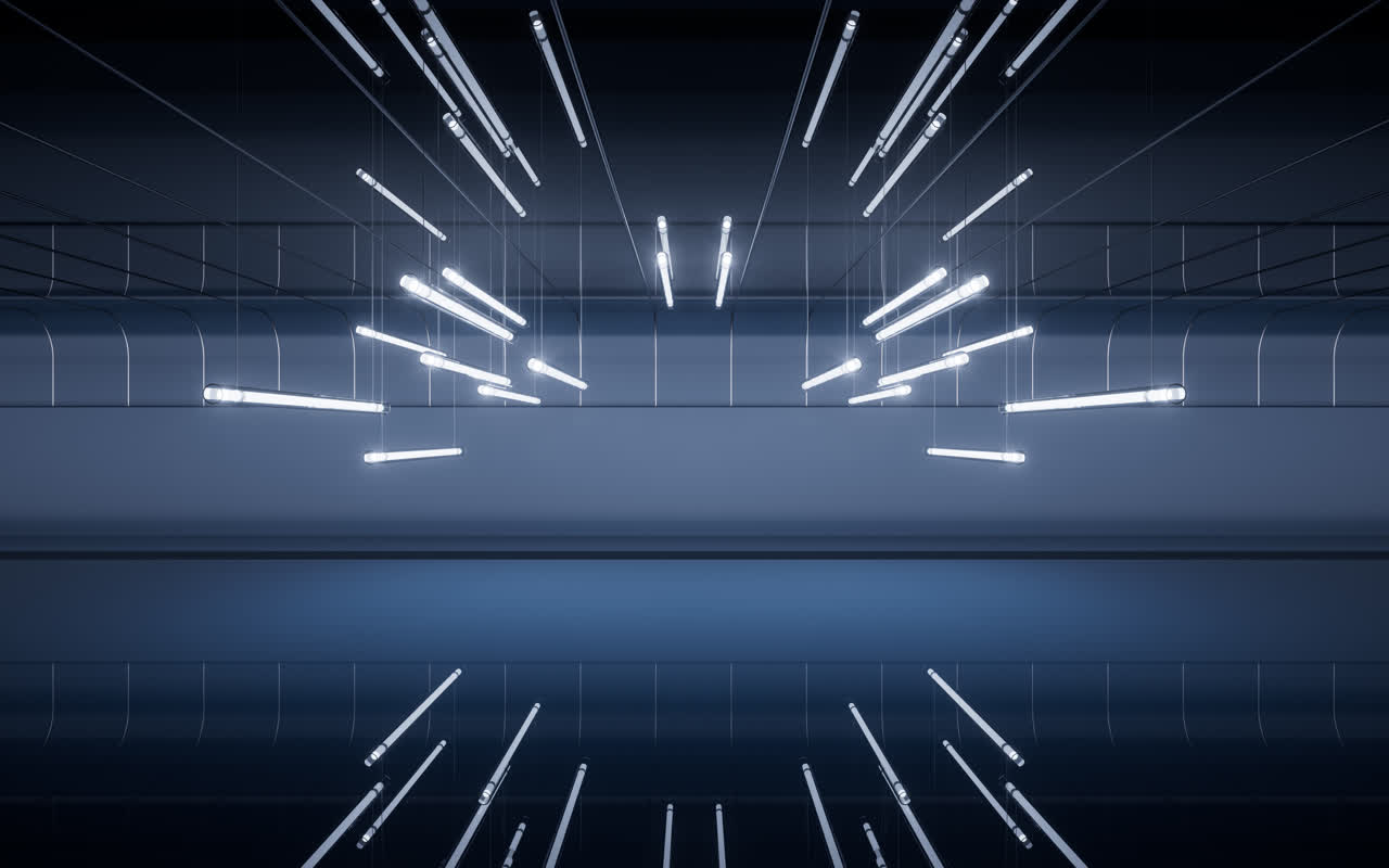 黑暗室内空间与霓虹灯管3D渲染