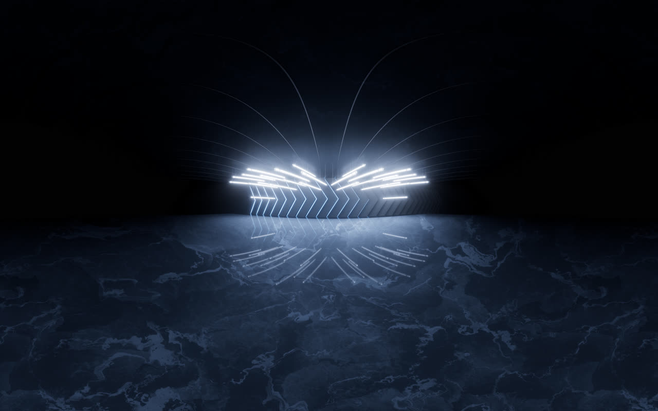 黑暗室内空间与霓虹灯管3D渲染