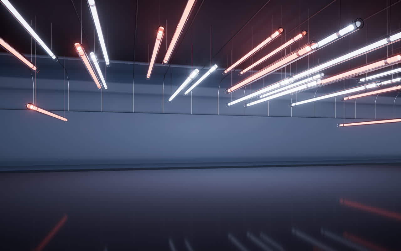 黑暗室内空间与霓虹灯管3D渲染