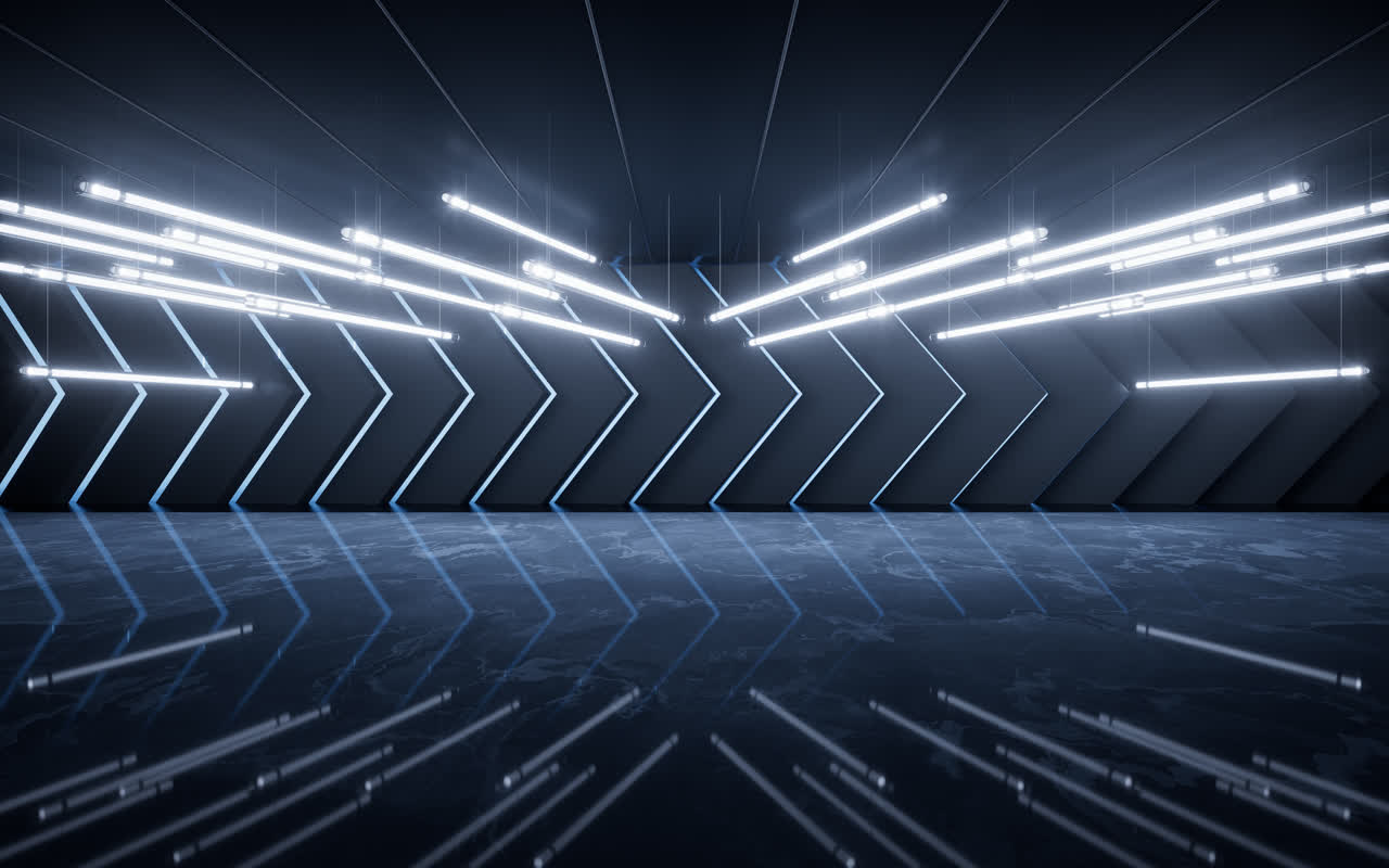 黑暗室内空间与霓虹灯管3D渲染