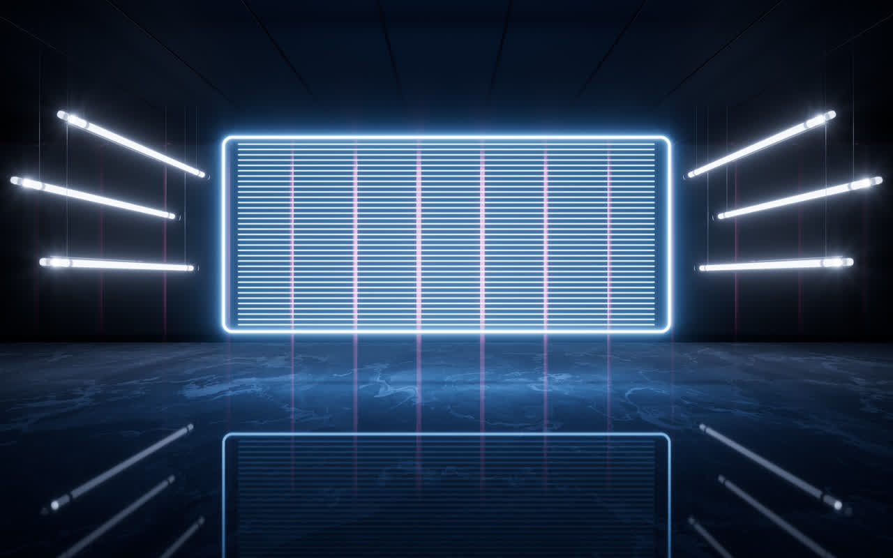 黑暗室内空间与霓虹灯管3D渲染
