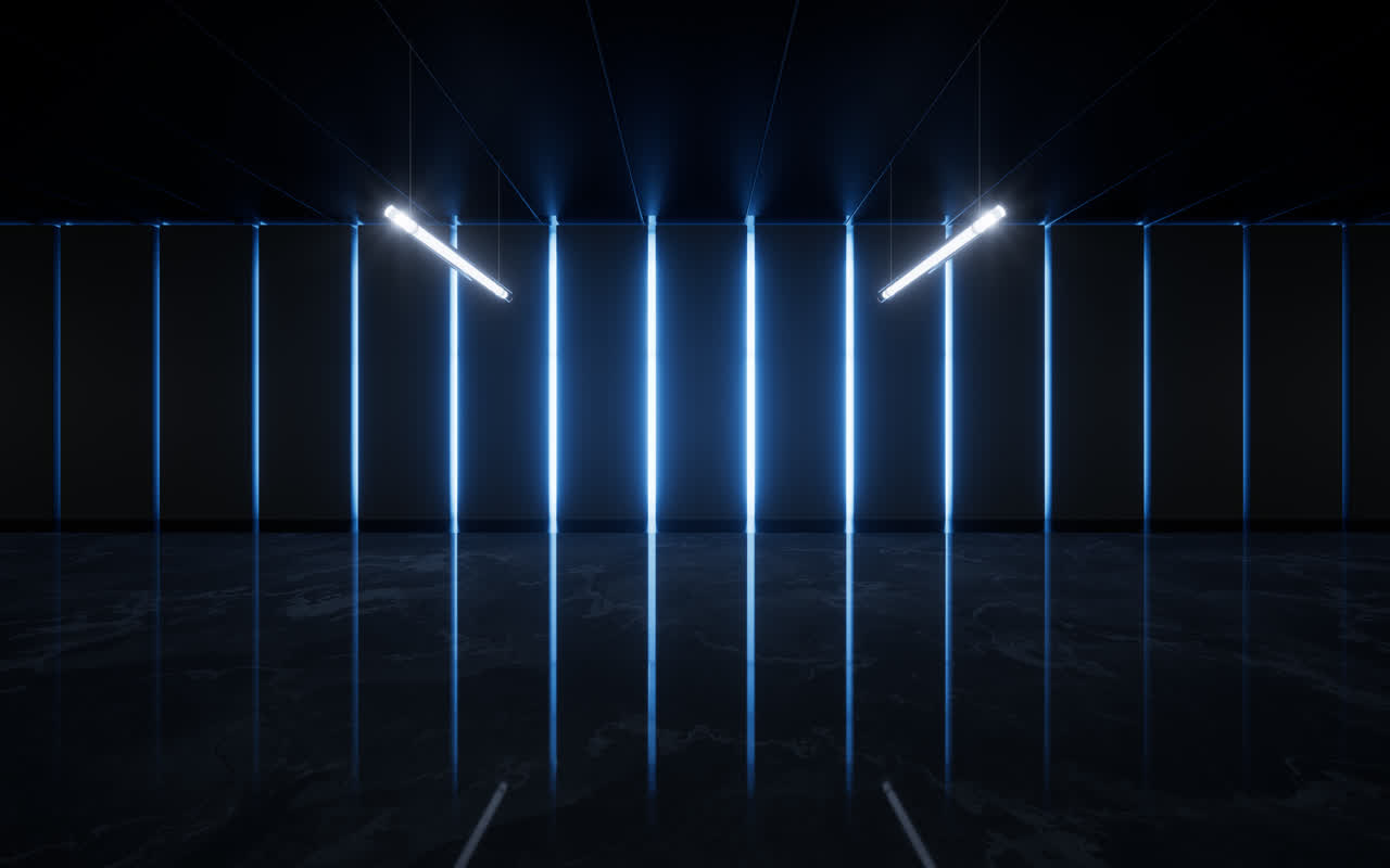 黑暗室内空间与霓虹灯管3D渲染