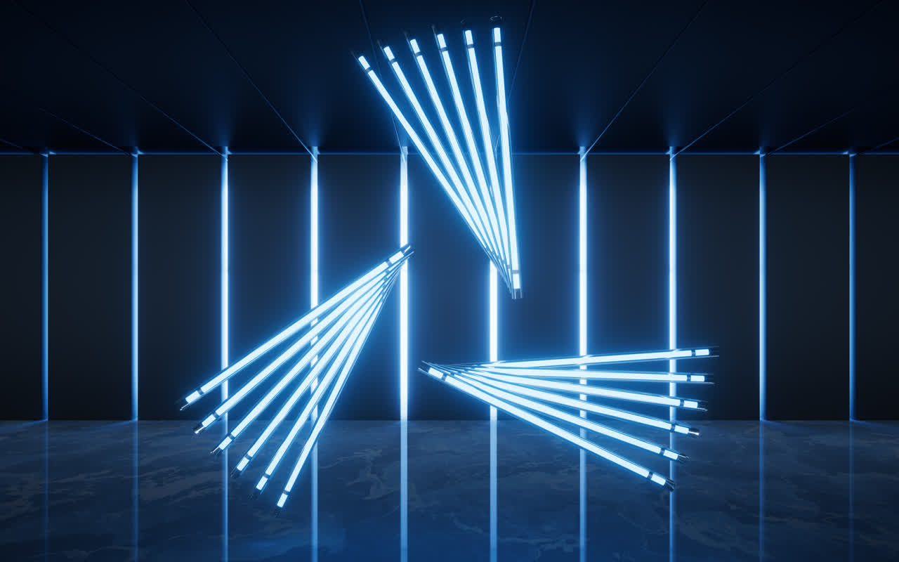 黑暗室内空间与霓虹灯管3D渲染