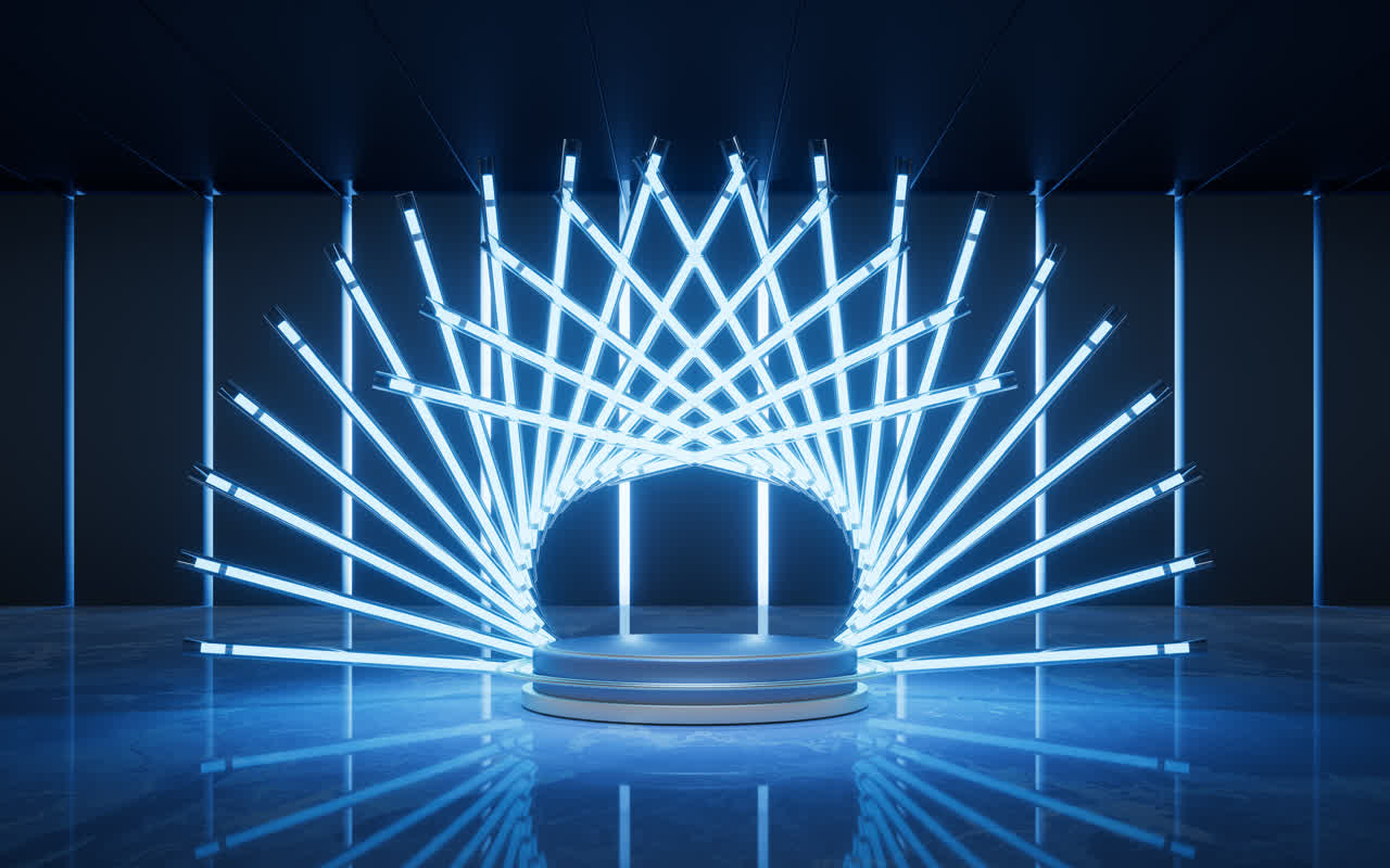 黑暗室内空间与霓虹灯管3D渲染