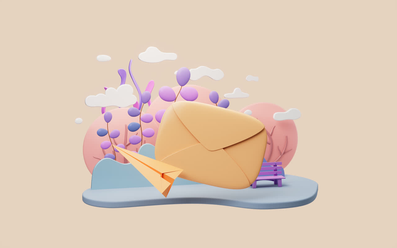 信封信件与卡通背景3D渲染