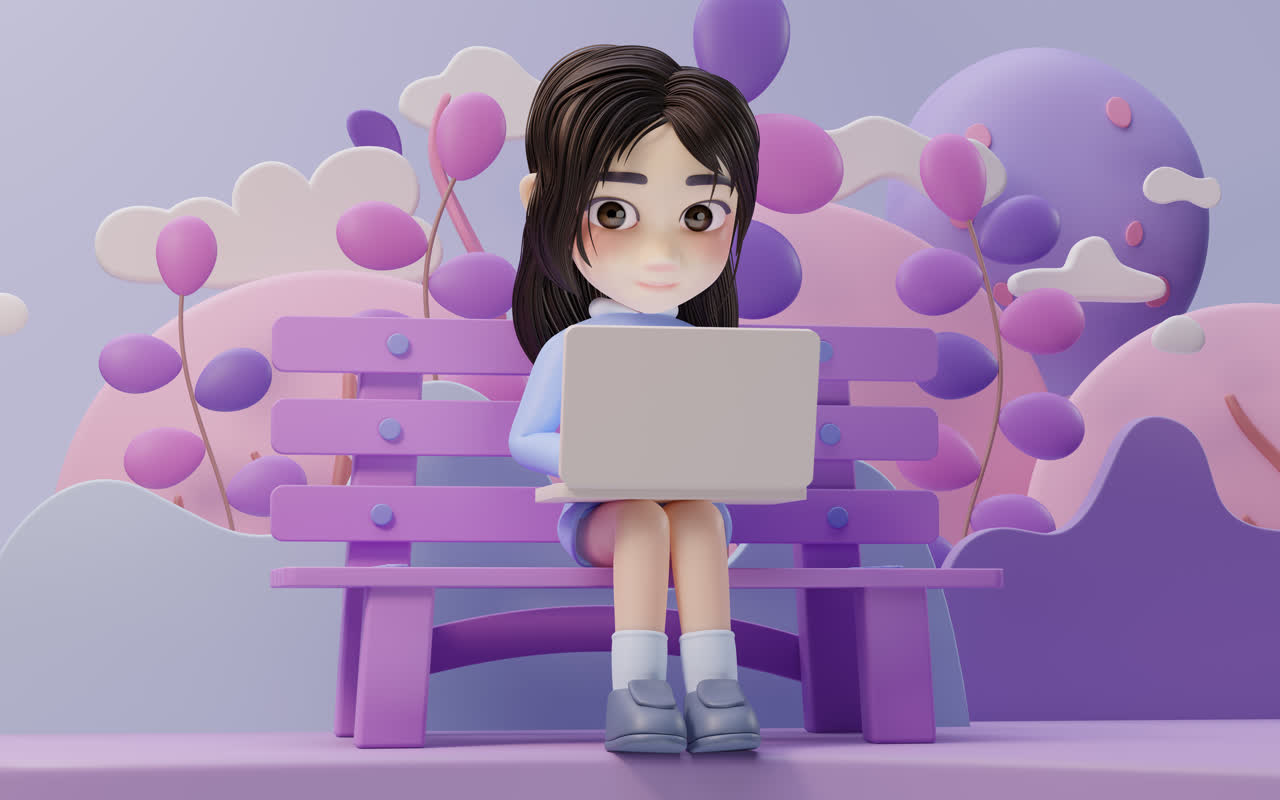 正在用电脑工作的卡通小女孩3D渲染