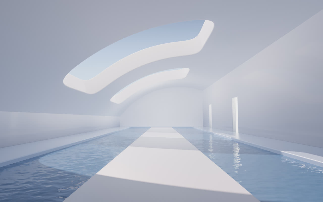 现代建筑室内水面空间3D渲染