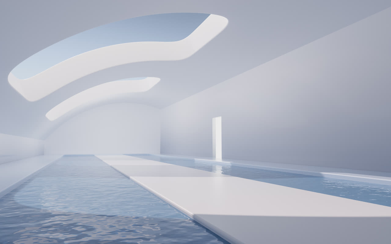 现代建筑室内水面空间3D渲染