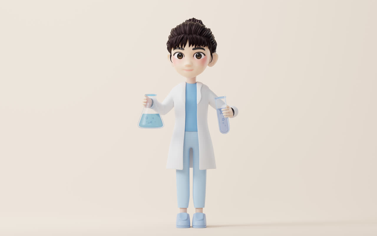 卡通女性科研人员与化学试剂3D渲染