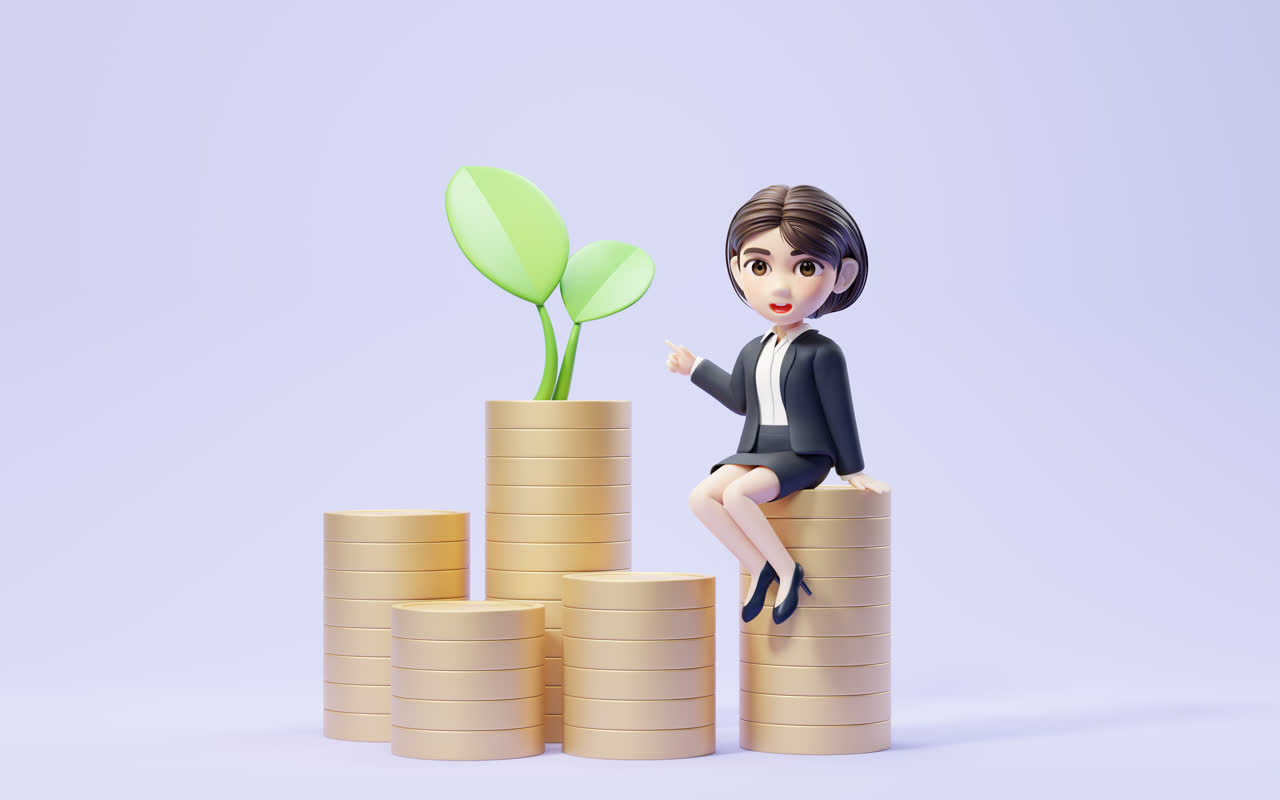 卡通商务女性与理财概念3D渲染