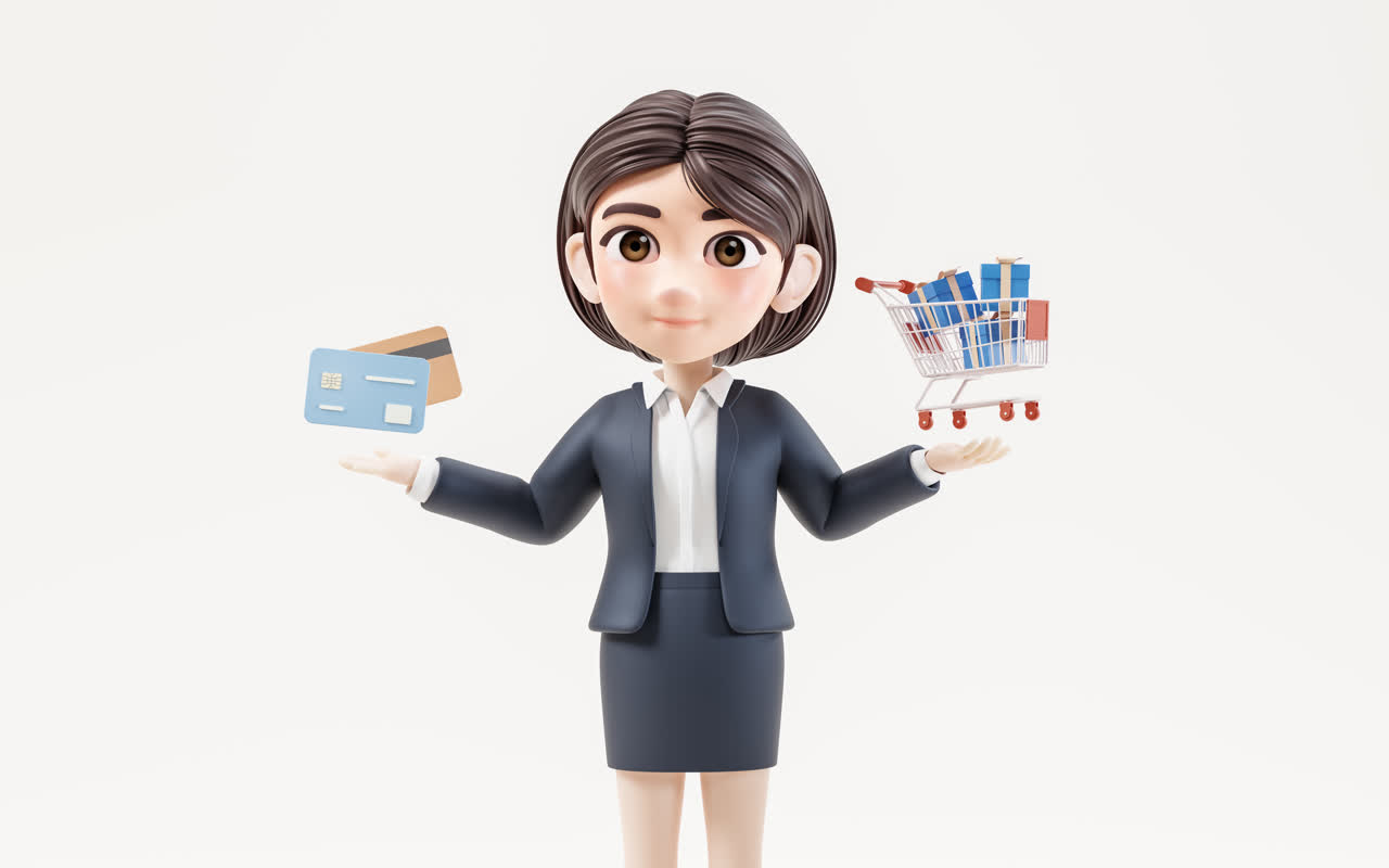 卡通商务女性与购物主题3D渲染