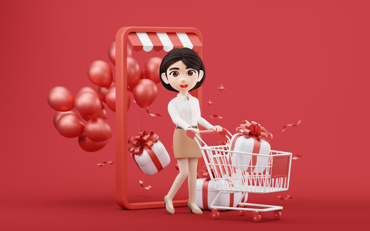 卡通女孩与购物主题3D渲染