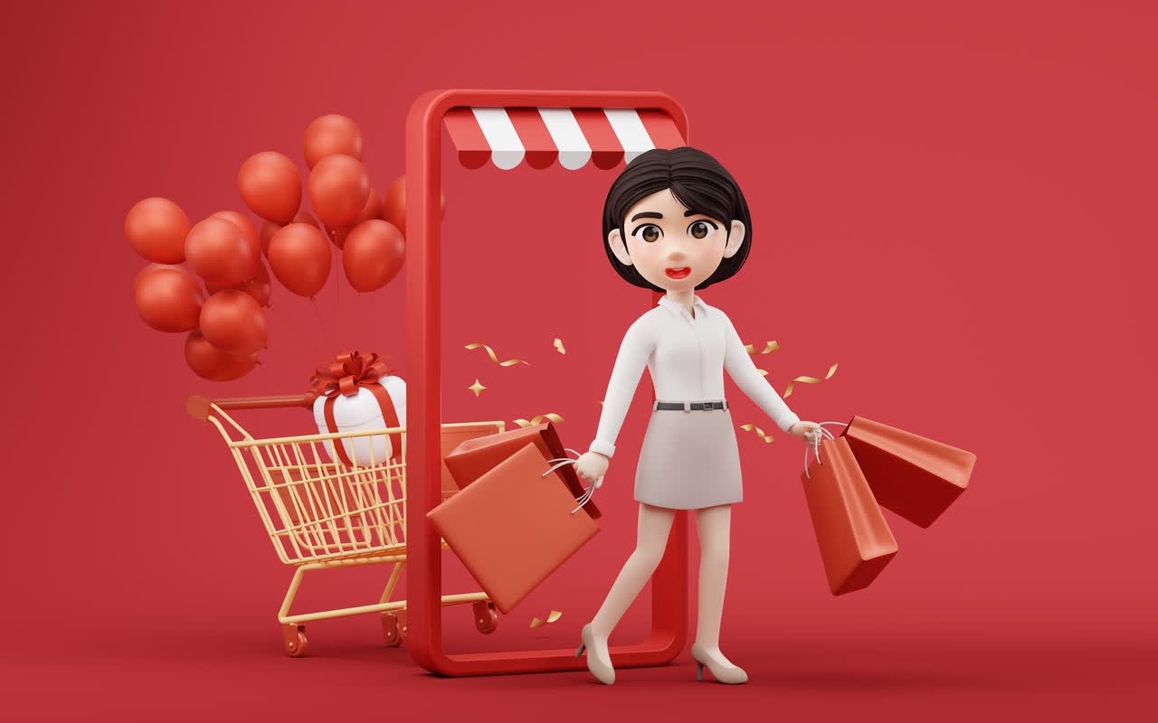 卡通女孩与购物主题3D渲染