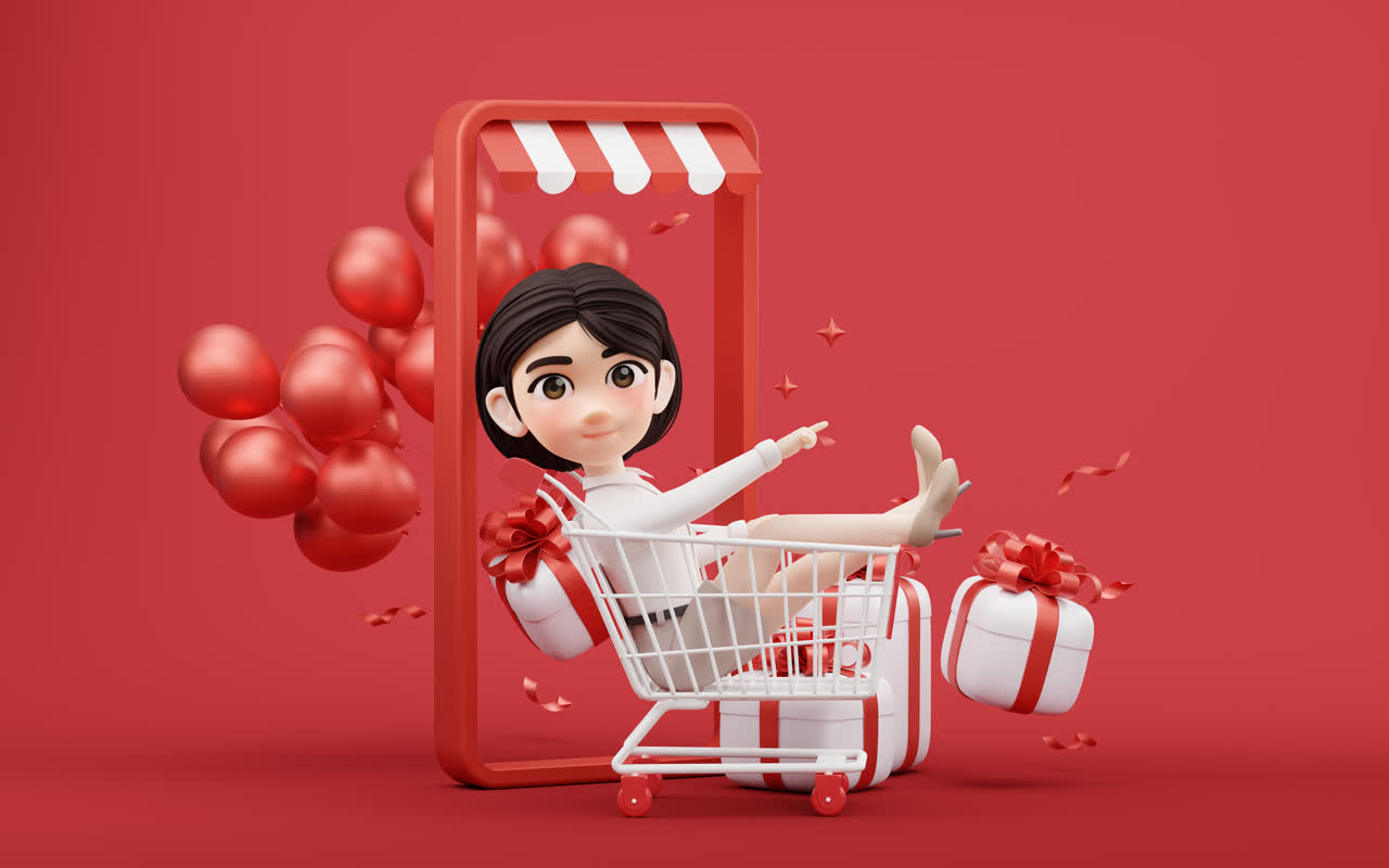 卡通女孩与购物主题3D渲染
