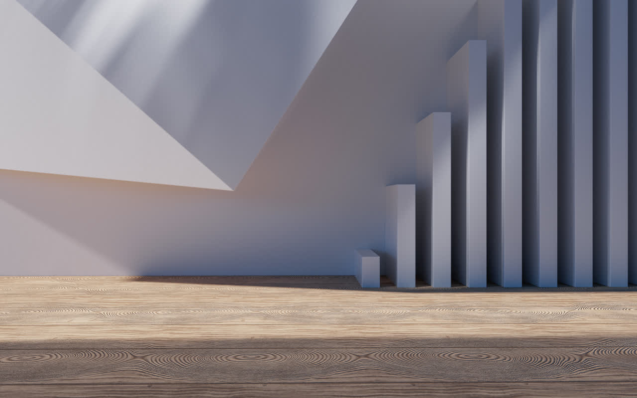 创意几何体建筑空间与木地板3D渲染