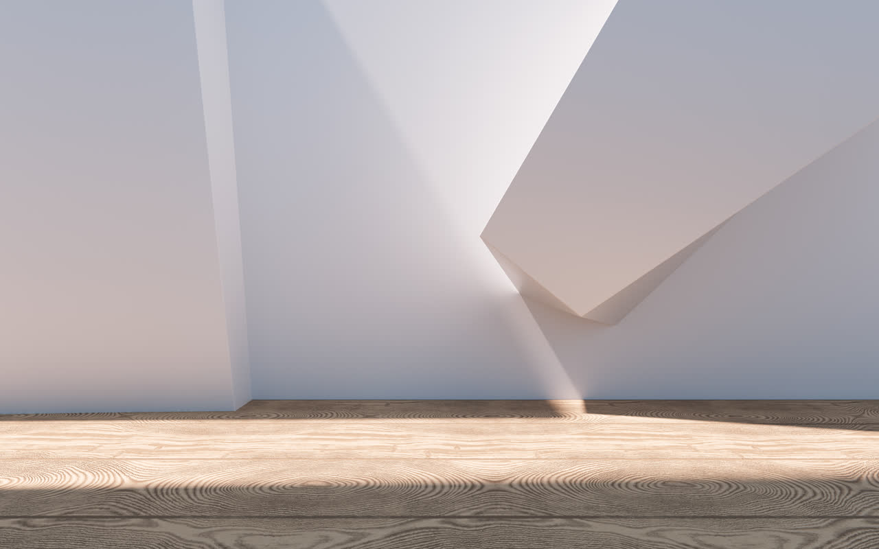 创意几何体建筑空间与木地板3D渲染