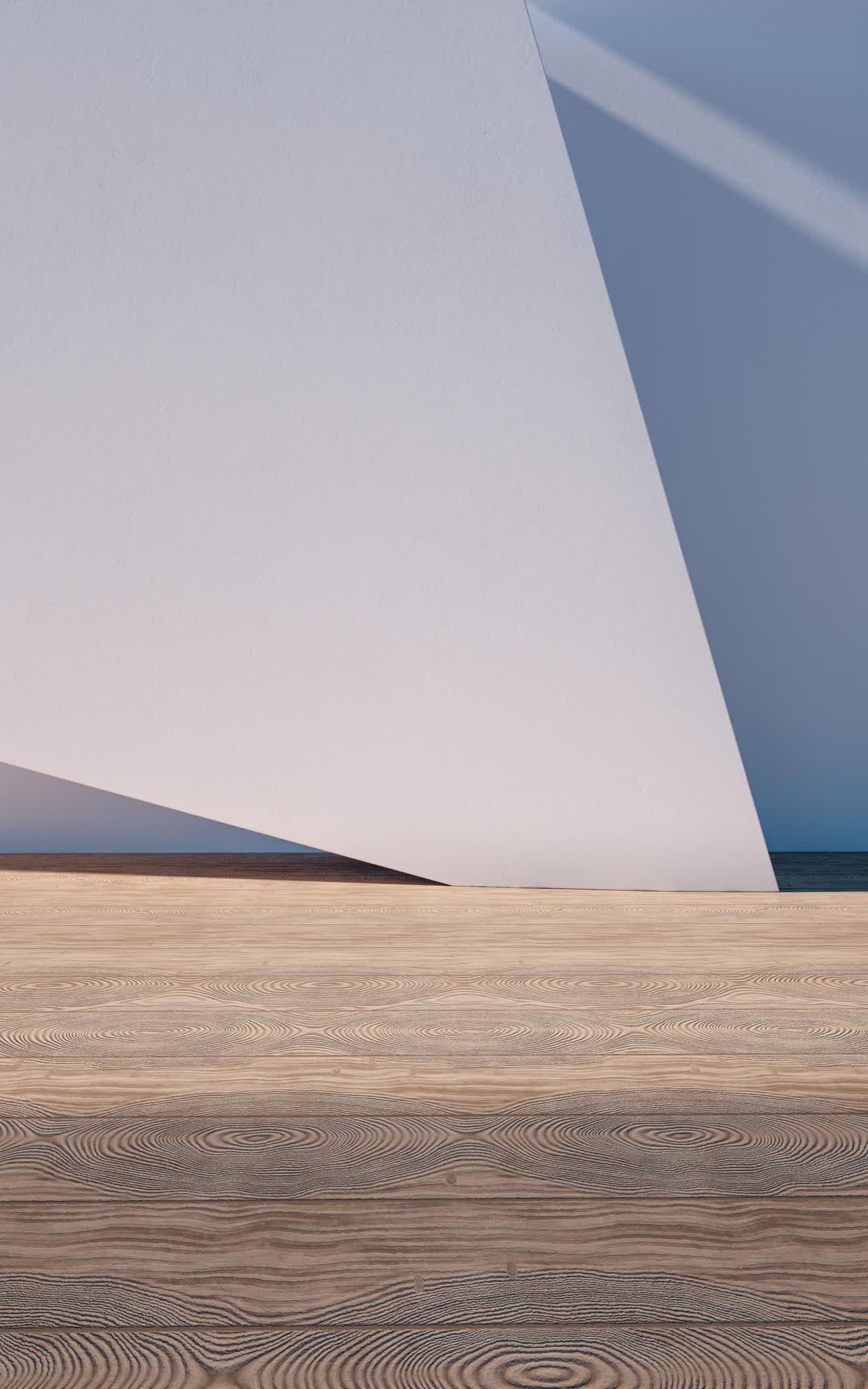 创意几何体建筑空间与木地板3D渲染