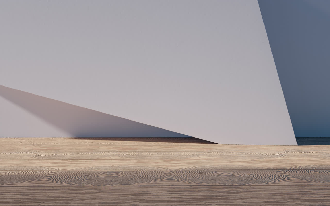 创意几何体建筑空间与木地板3D渲染