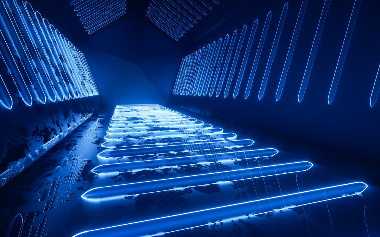 发光霓虹线条隧道3D渲染