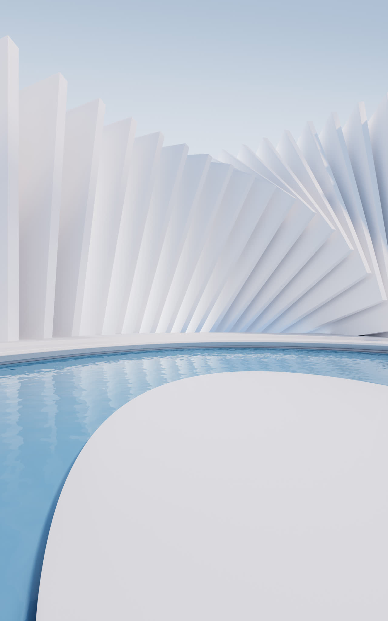 白色几何体建筑和水面空间3D渲染