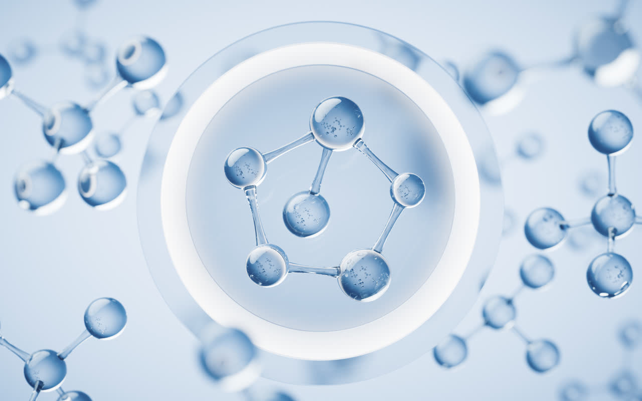 透明分子与蓝色背景3D渲染