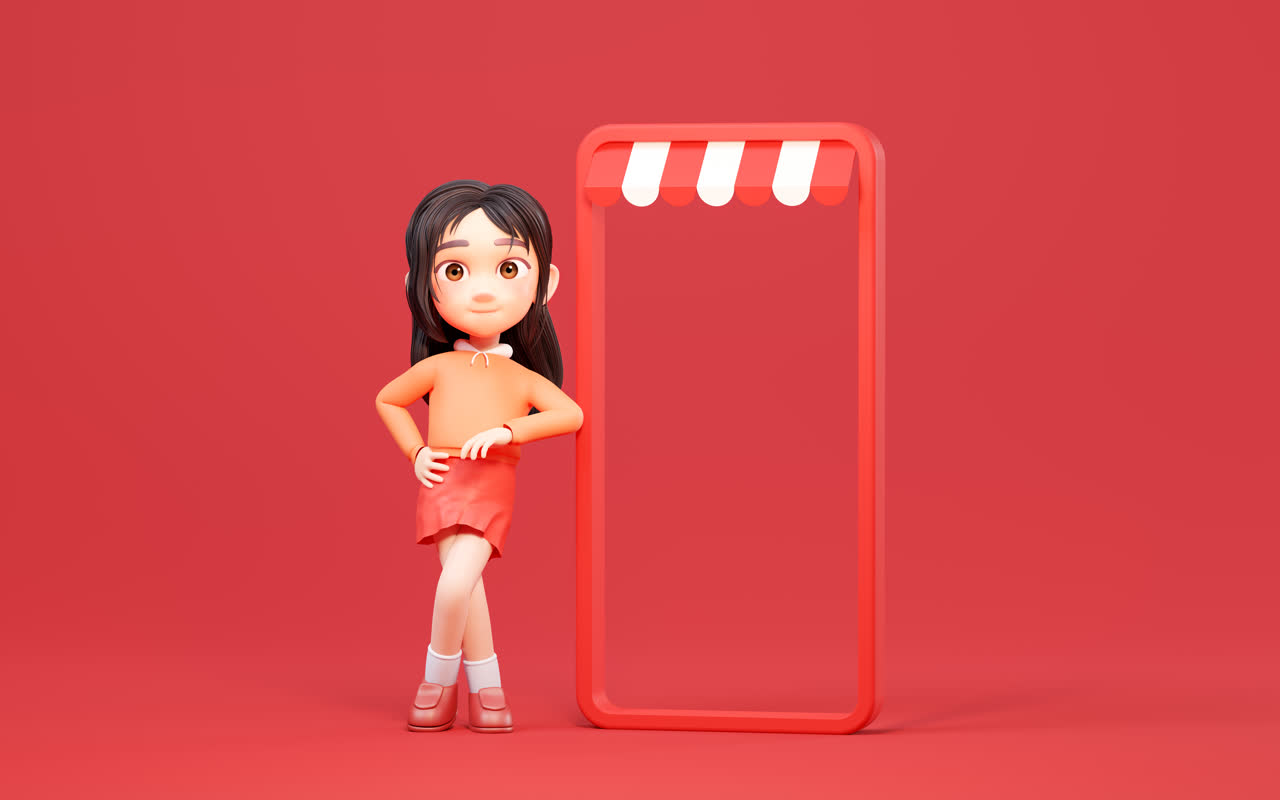 卡通女孩与购物主题3D渲染