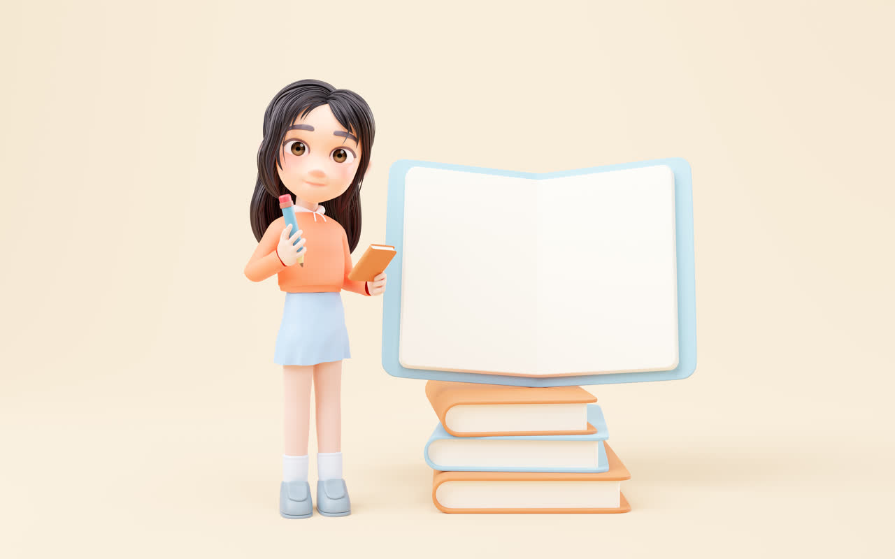 卡通女孩与书本3D渲染