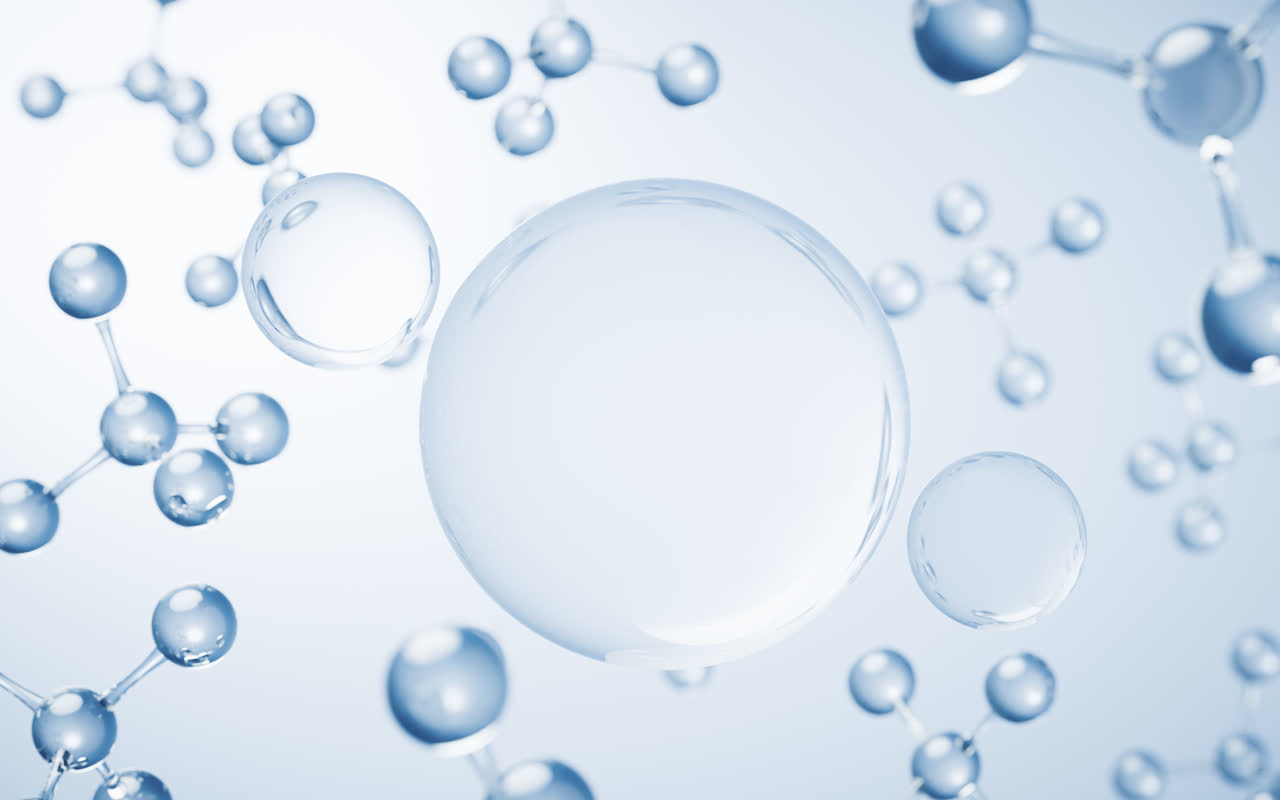 透明分子与蓝色背景3D渲染