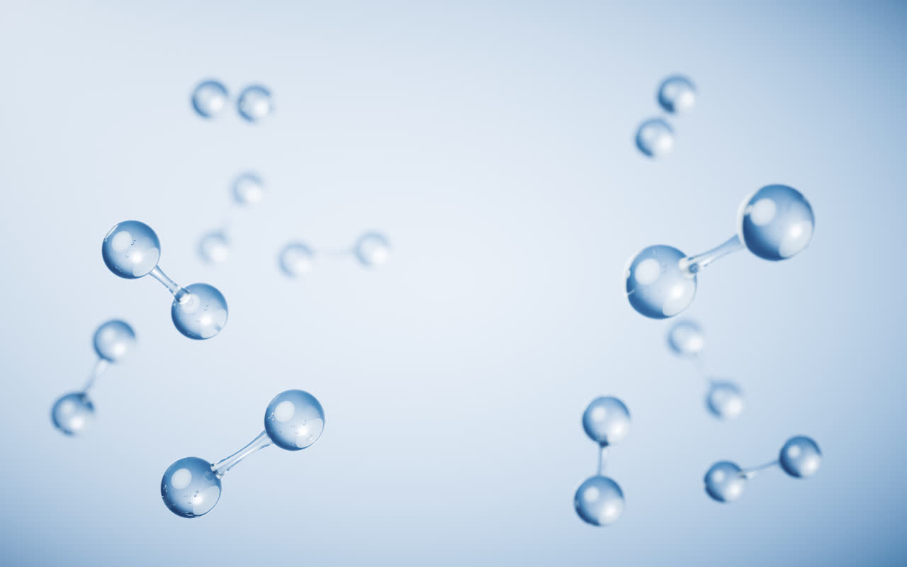 透明分子与蓝色背景3D渲染