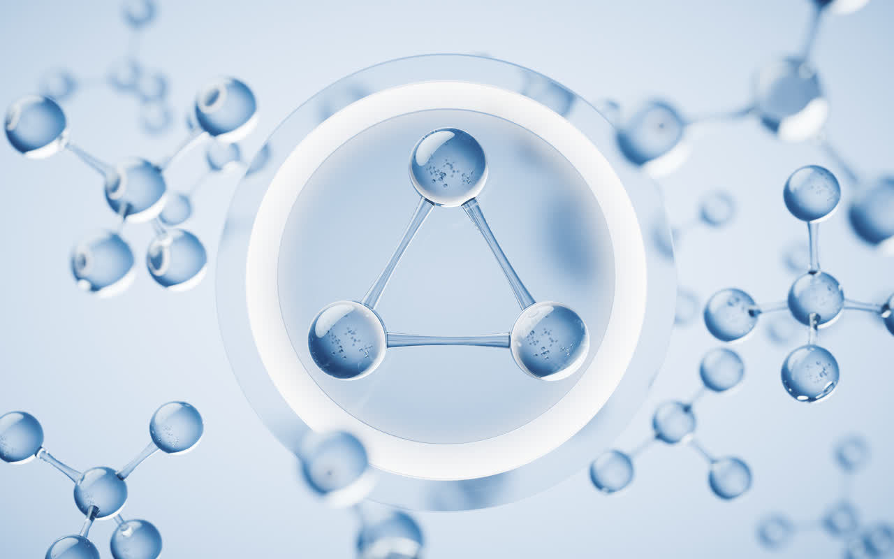 透明分子与蓝色背景3D渲染