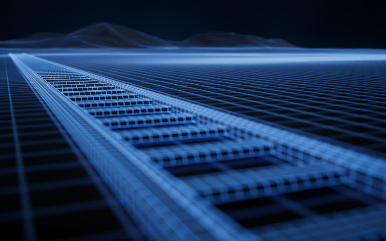 铁路轨道与蓝色科技概念背景3D渲染