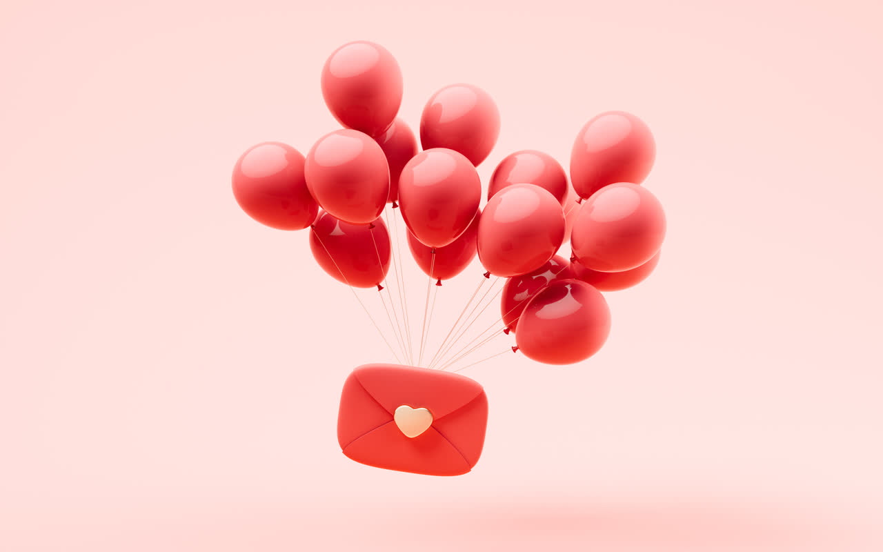 红色信封与爱心3D渲染
