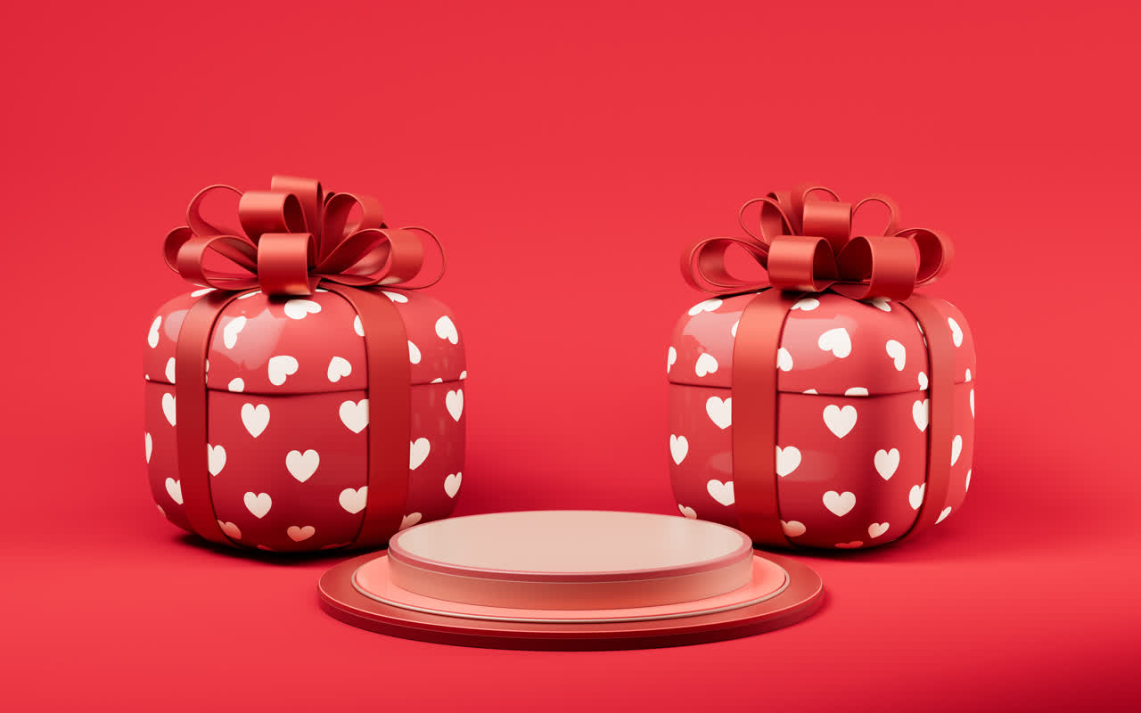 卡通圆角礼盒与爱心3D渲染
