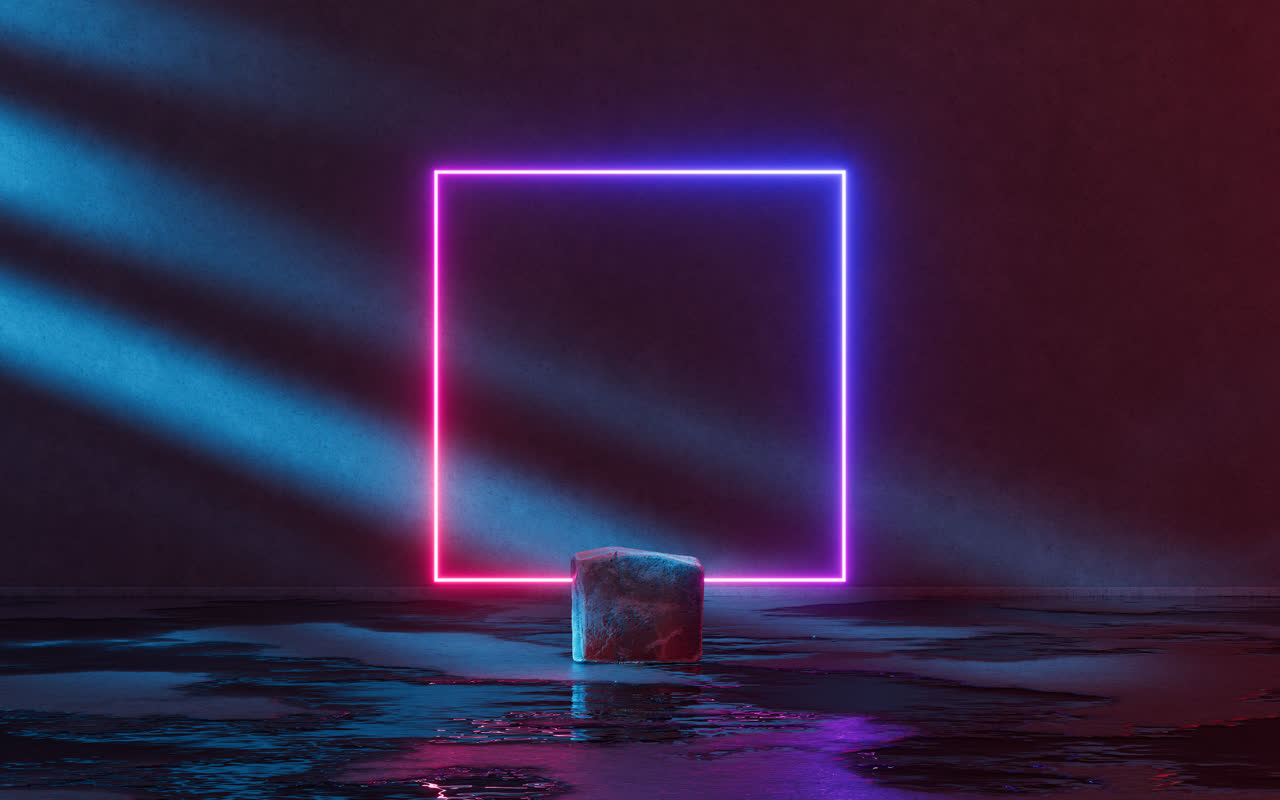 展台背景粗糙的岩石展台与霓虹灯光背景3D渲染