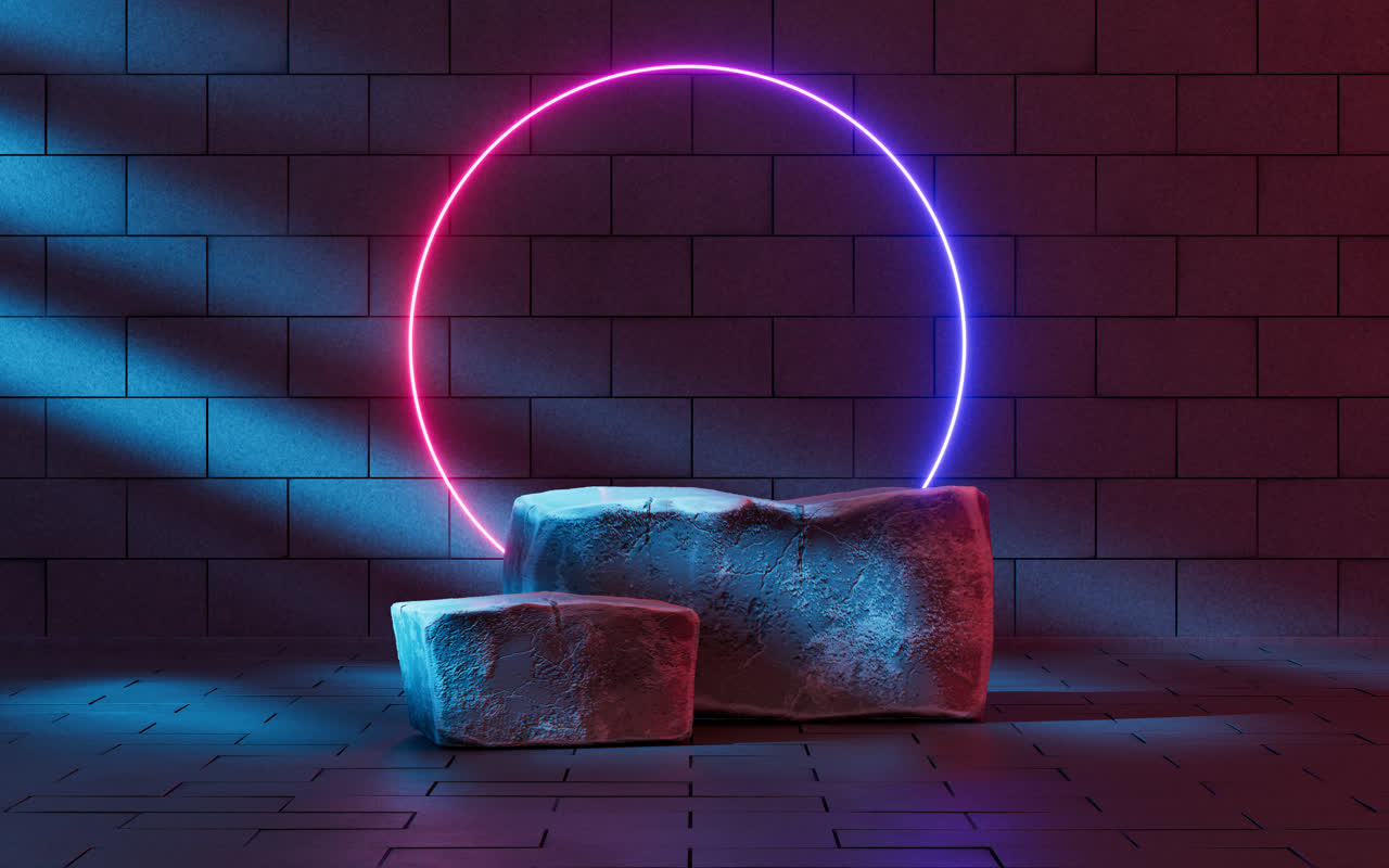 展台背景粗糙的岩石展台与霓虹灯光背景3D渲染