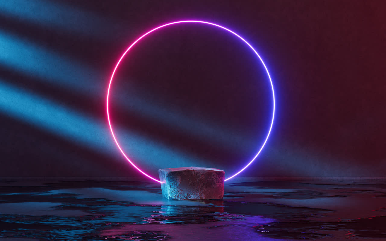 粗糙的岩石展台与霓虹灯光背景3D渲染