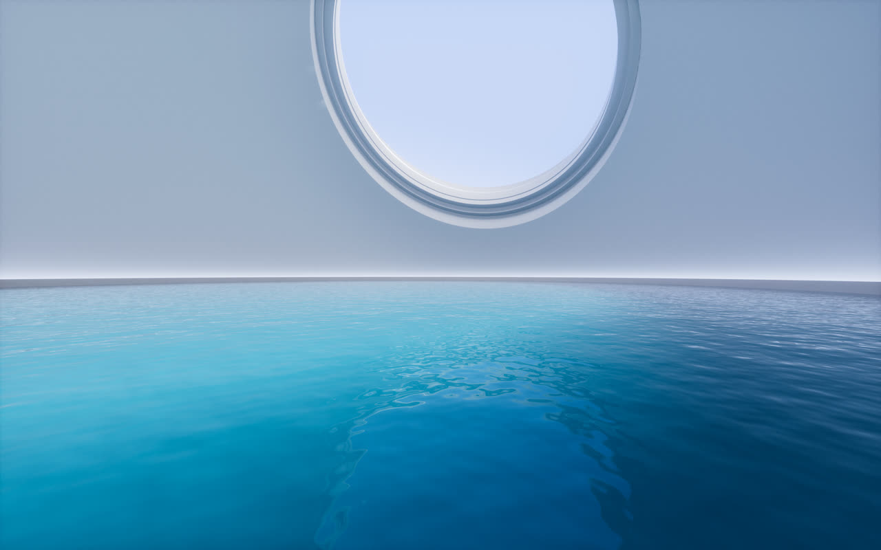 室内水面与圆形窗户3D渲染